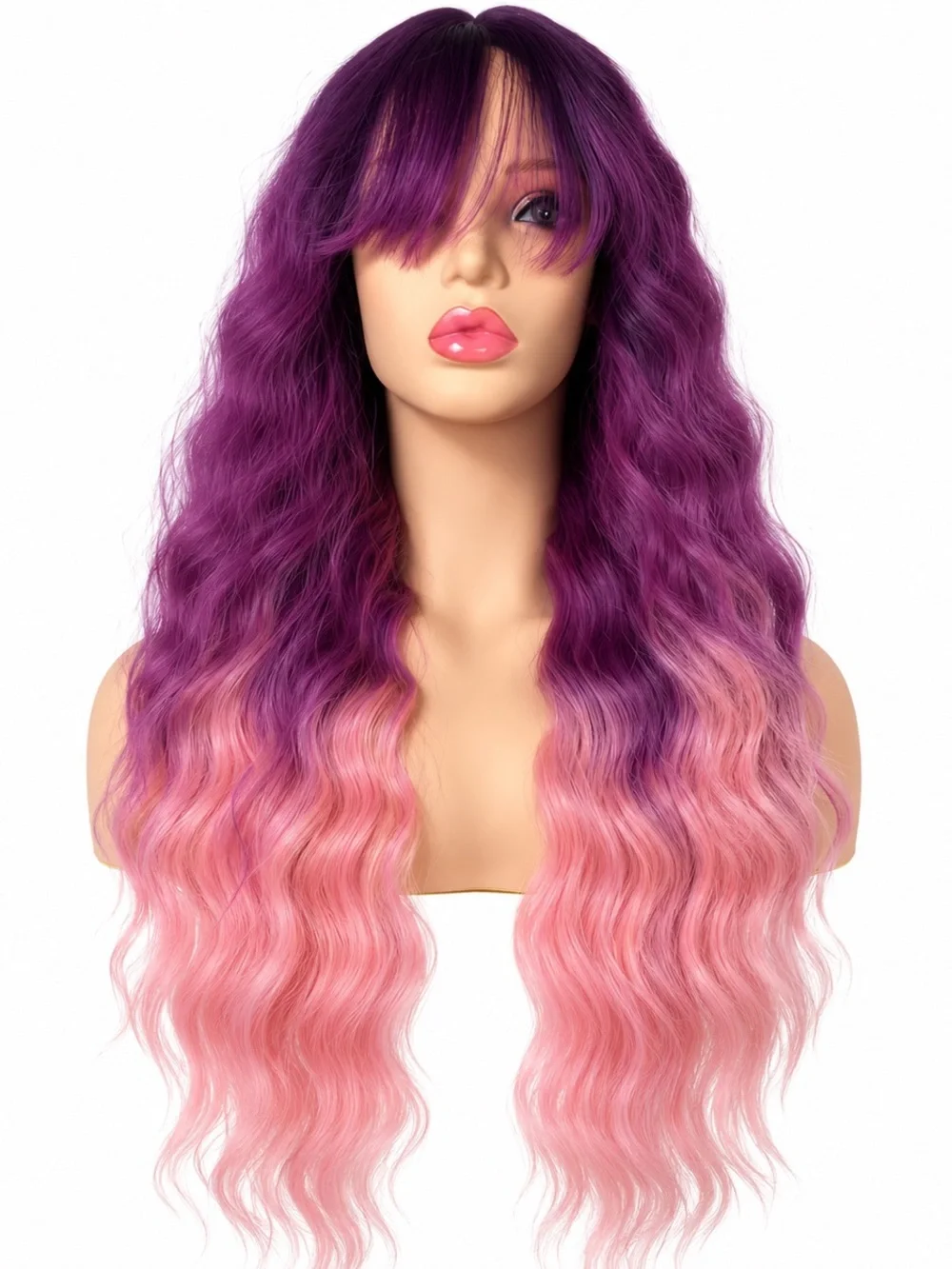 Long Wavy Ombre Wig in Purple and Pink -with bangs /fringe 26 inches long